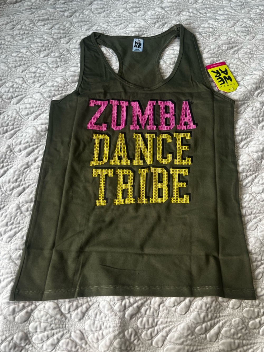 Zumba Fitness Olive Racerback Tank with Pink and Yellow Logo